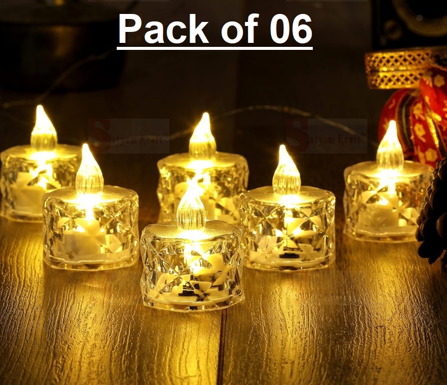 LED Crystal Shape Tea Light Candles | Flameless & Smokeless Diya | Decorative Acrylic Candle | Home Decor, Diwali Decoration Item, Dhanteras, Room, Table, Pooja Room Decor (Yellow)